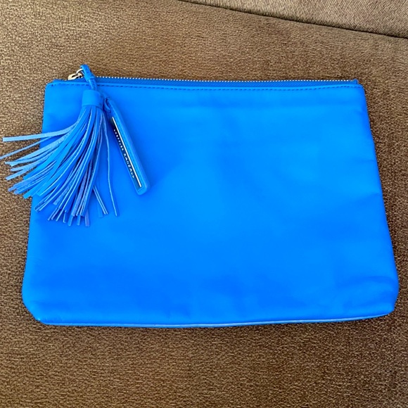 Loeffler Randall Large Blue Leather Zip Top Tassel Pouch Clutch Bag Bright Blue - Picture 1 of 8